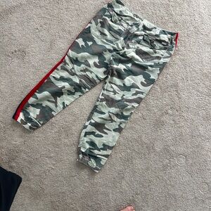 MOTHER Camo Straight-Leg Pants with Red/Navy Side Stripe